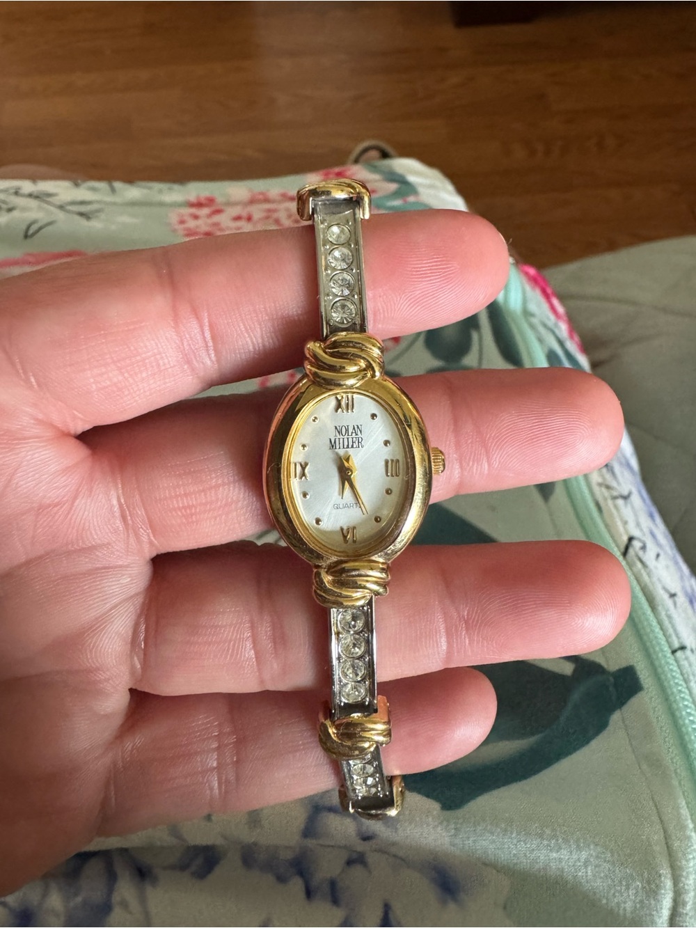 Nolan Miller Gold and Silver Mother-of-Pearl Dial Crystal Bracelet Watch